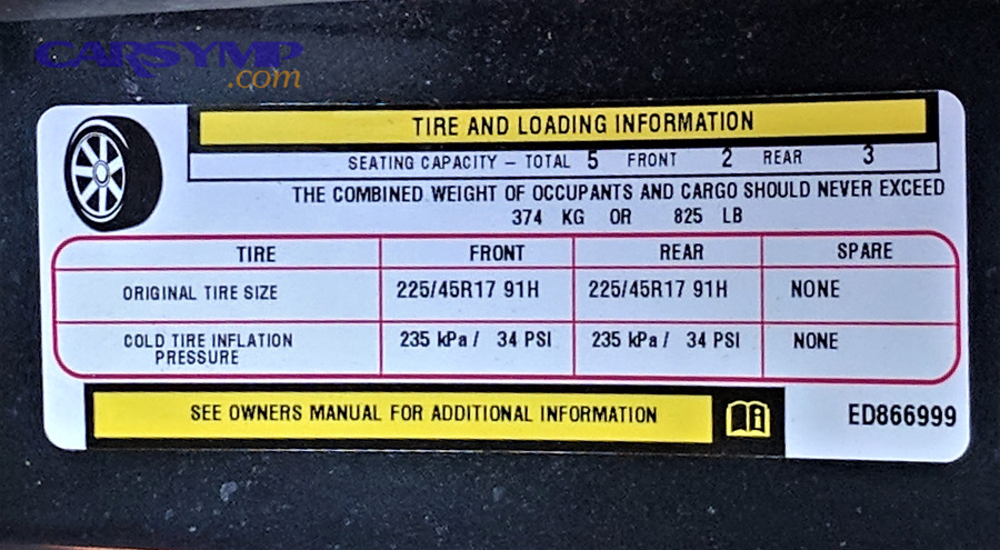 Vehicle tire and loading information placard showing recommended cold tire pressure