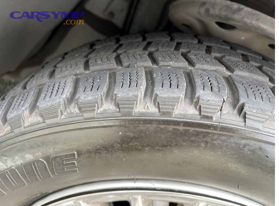 Close-up of tire tread showing wear bars and tread wear indicators
