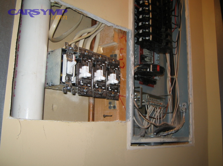Residential breaker panel and electrical switches on wall