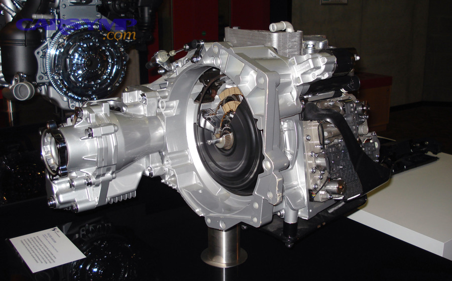 Cutaway view of a dual-clutch transmission showing internal components