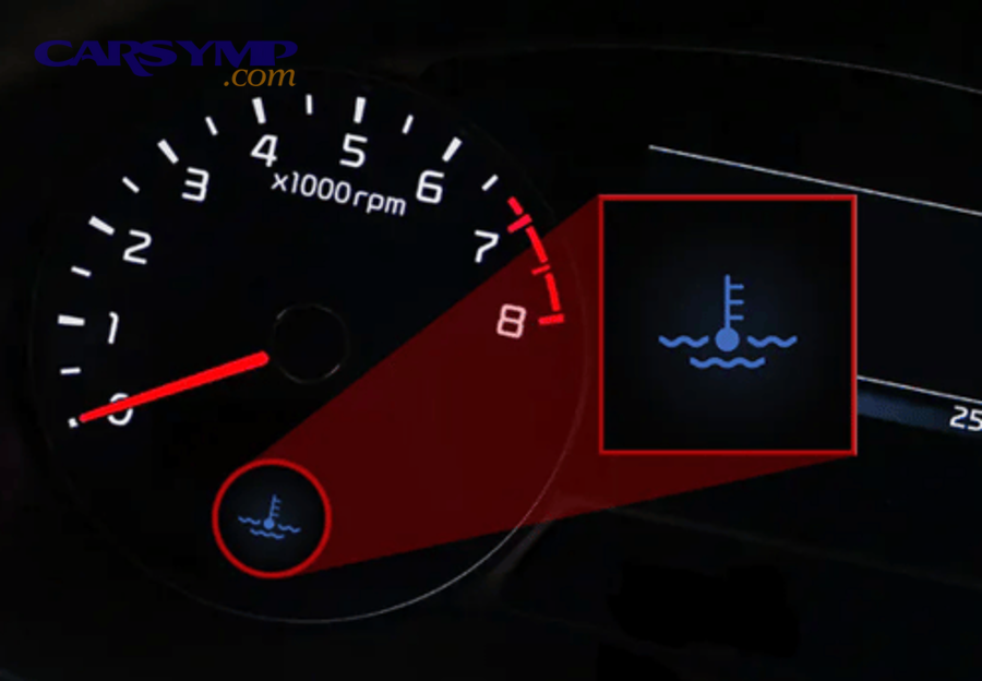 Engine temperature gauge near hot with overheating warning icon