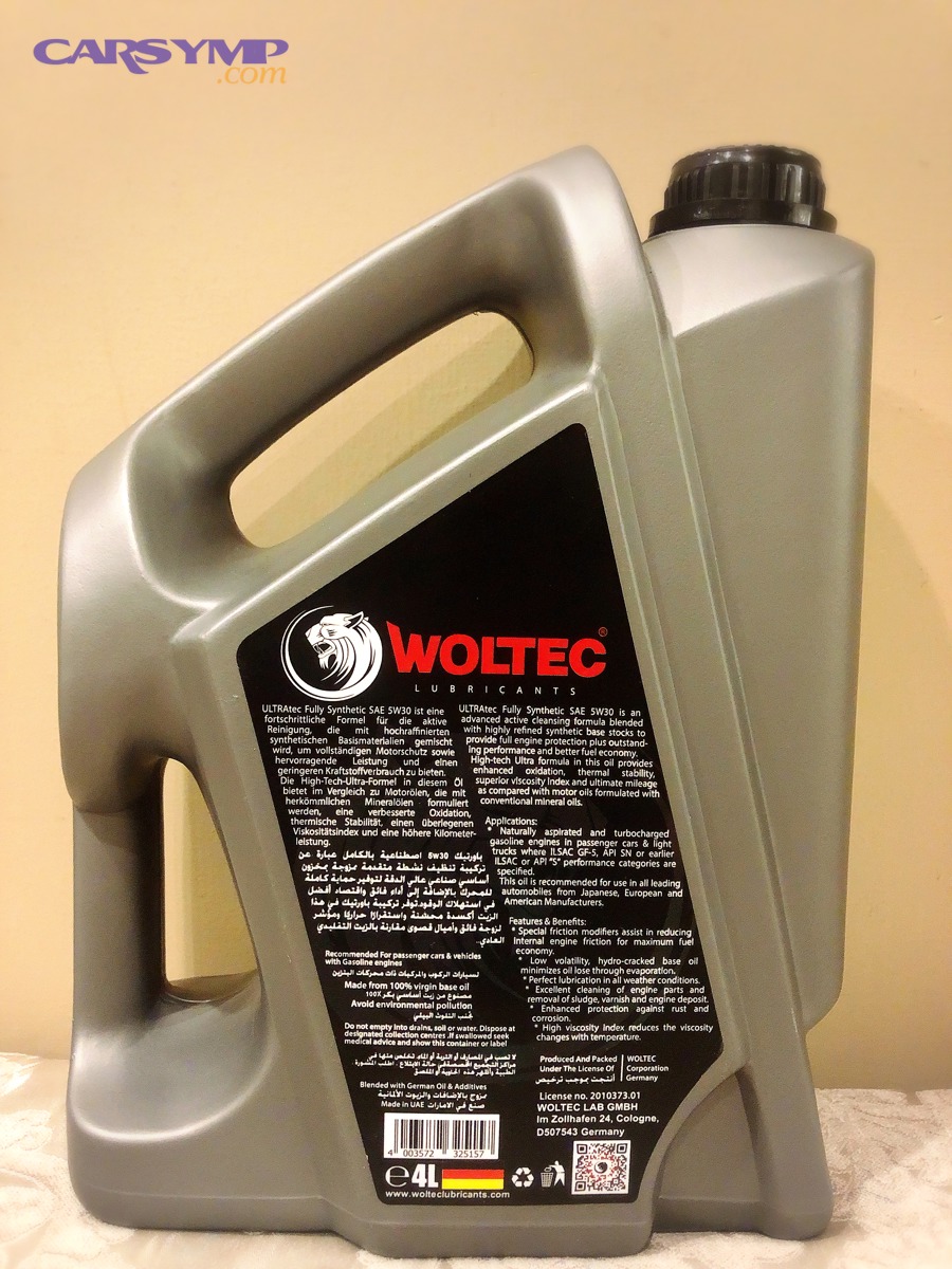 Motor oil label showing 5W-30 viscosity grade and specifications