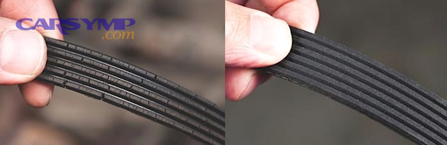 comparison of glazed serpentine belt versus new belt showing shiny surface
