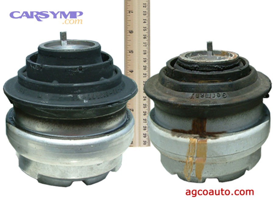 Comparison of engine mounts showing worn leaking mount next to a better-condition mount
