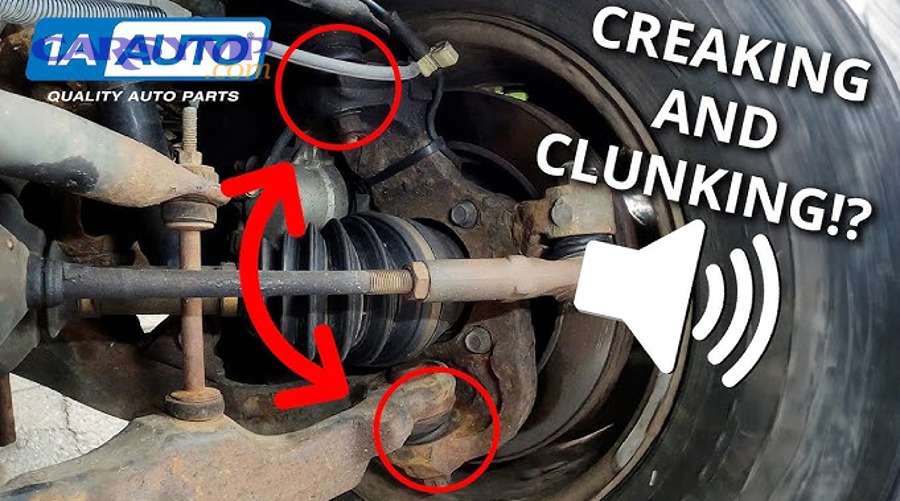 Front suspension diagram labeling control arm, sway bar link, and tie rod end—common clunk sources