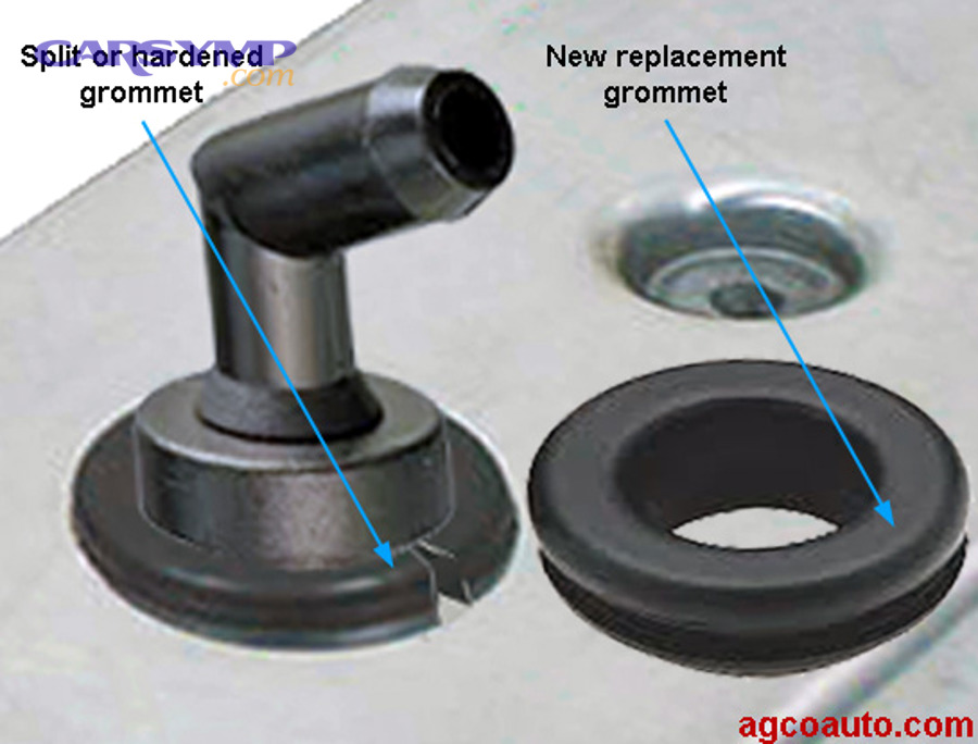 Close-up photo of a PCV valve installed in a rubber grommet on an engine