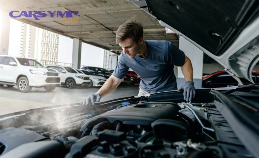 Car engine bay where cooling system components are located