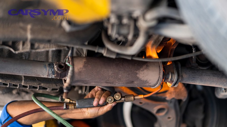 Automotive repair shop bay where exhaust work is performed