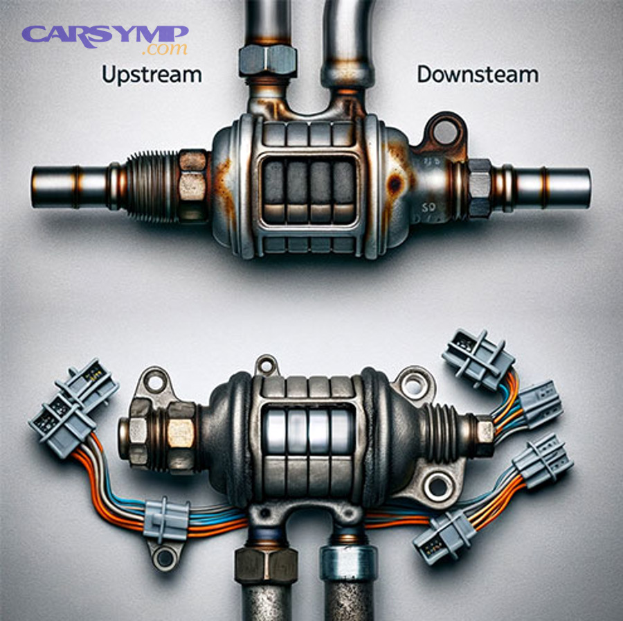 Catalytic converter and exhaust flow diagram showing pre-cat and post-cat positions