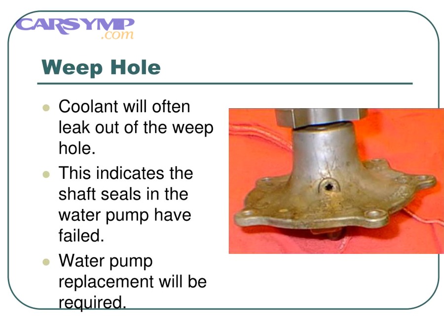 Water pump weep hole illustration showing coolant leaking from weep hole when shaft seal fails