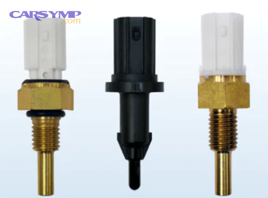Temperature sensor and thermostat components showing their different functions in automotive cooling system
