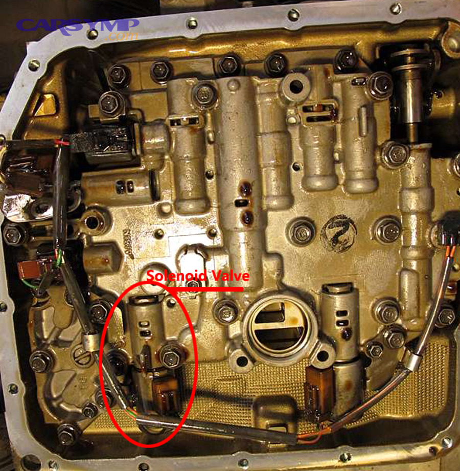 Transmission pan removed for service access during solenoid replacement