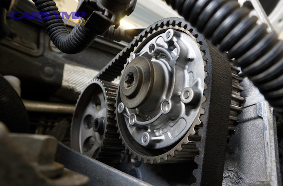 Timing belt components showing crankshaft and camshaft synchronization