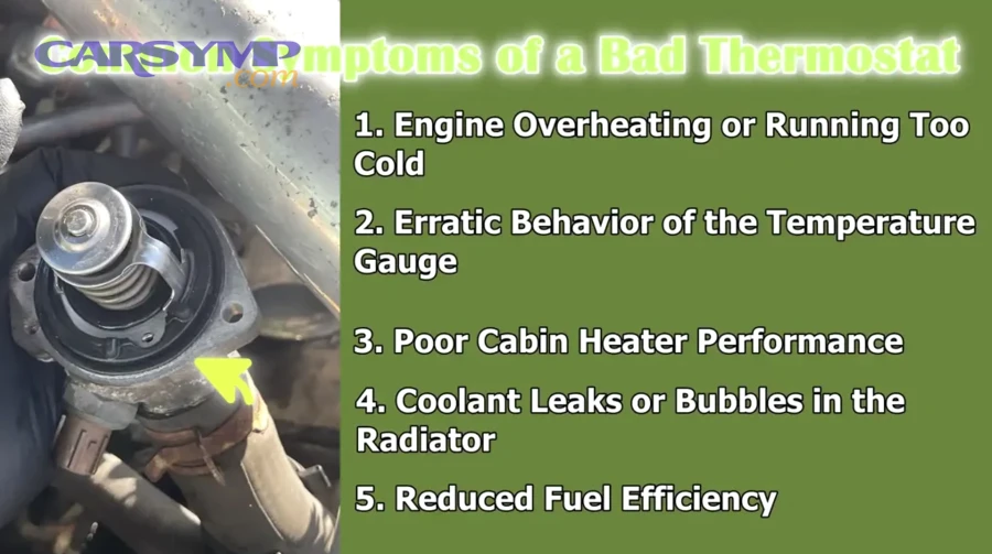 coolant leak visible around car thermostat housing with green fluid stains