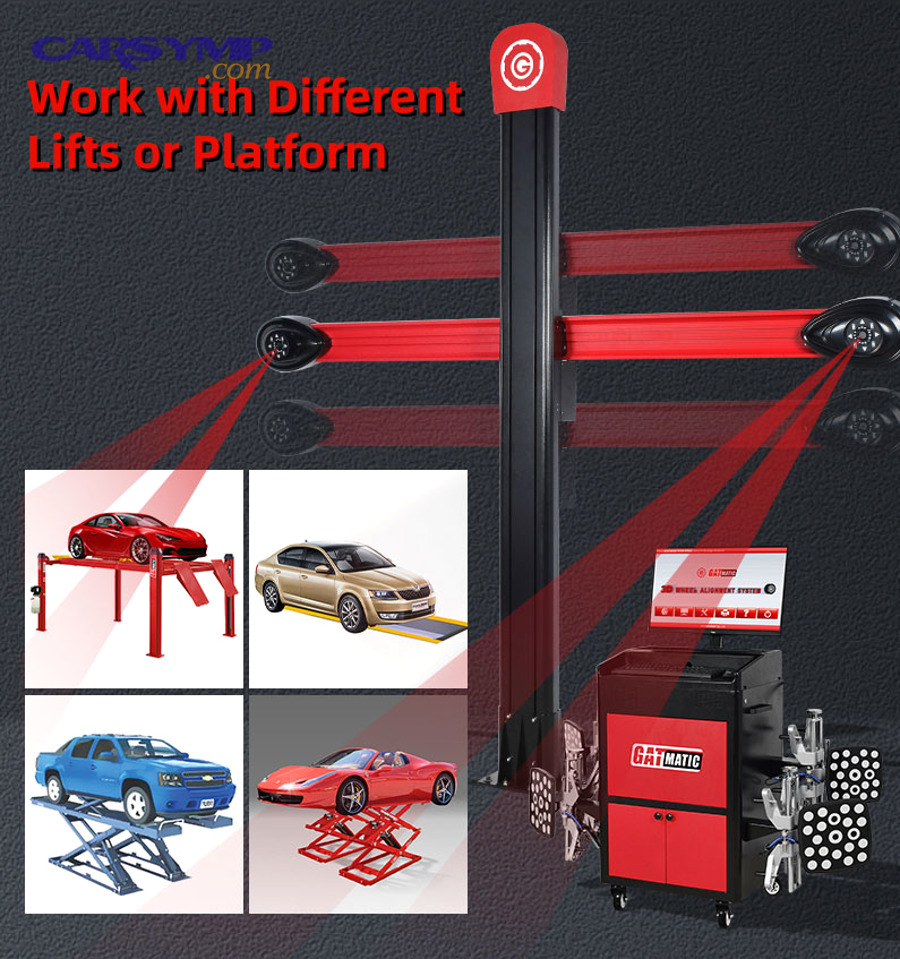 automotive technician reviewing alignment specifications on computer screen showing front and rear wheel angles