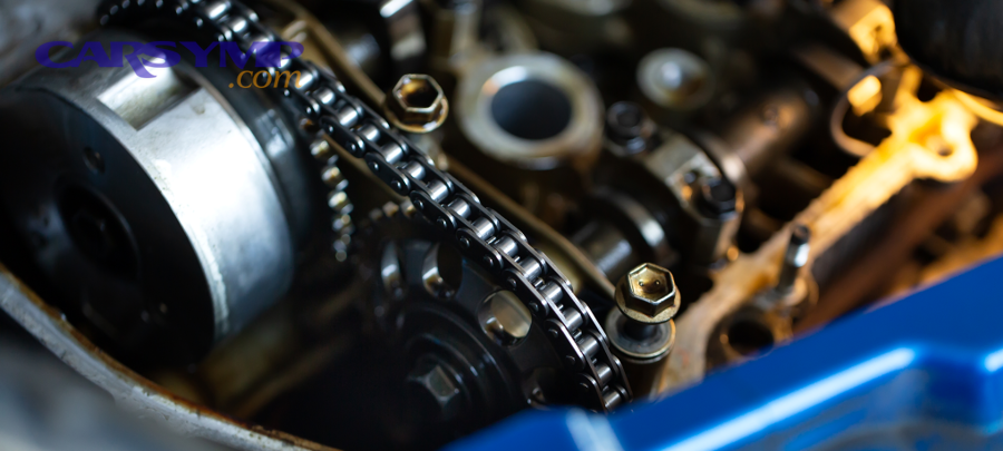 Timing chain connected to crankshaft and camshaft sprockets inside an engine