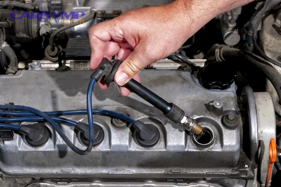technician using multimeter to test spark plug wire resistance for diagnostic purposes