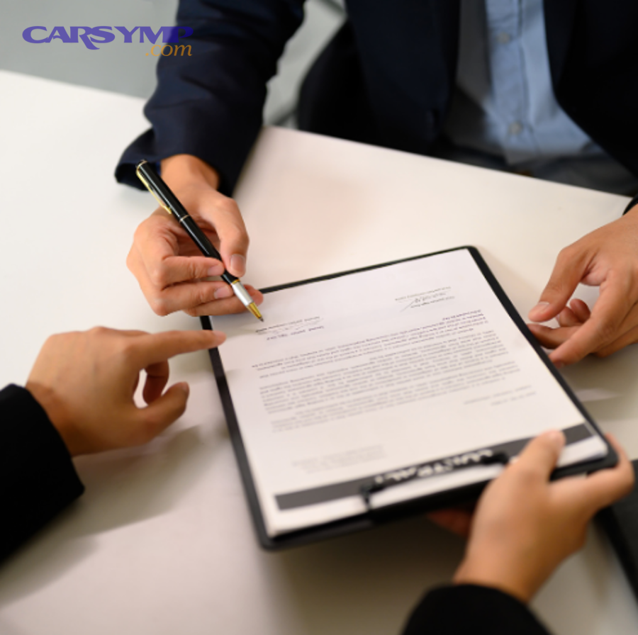 Customer reviewing repair invoice and written warranty coverage details