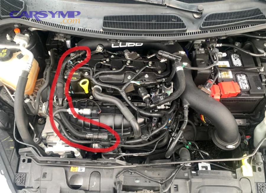 Close view of engine components and hoses in a modern car