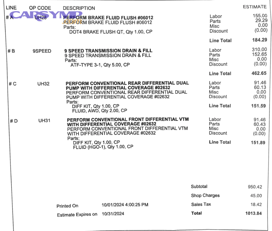 Mechanic performing transmission fluid service on a vehicle