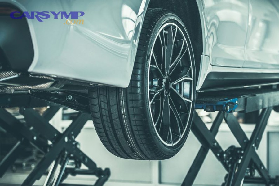 Tire wear patterns showing uneven tread depth across different wheel positions