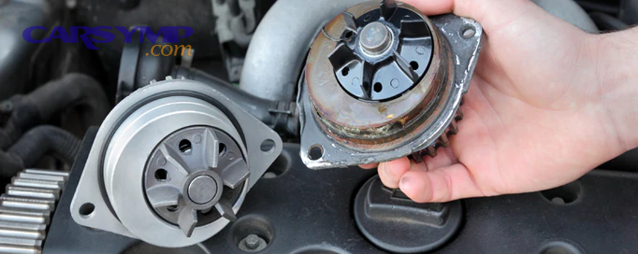 Open car engine bay showing components related to water pump service